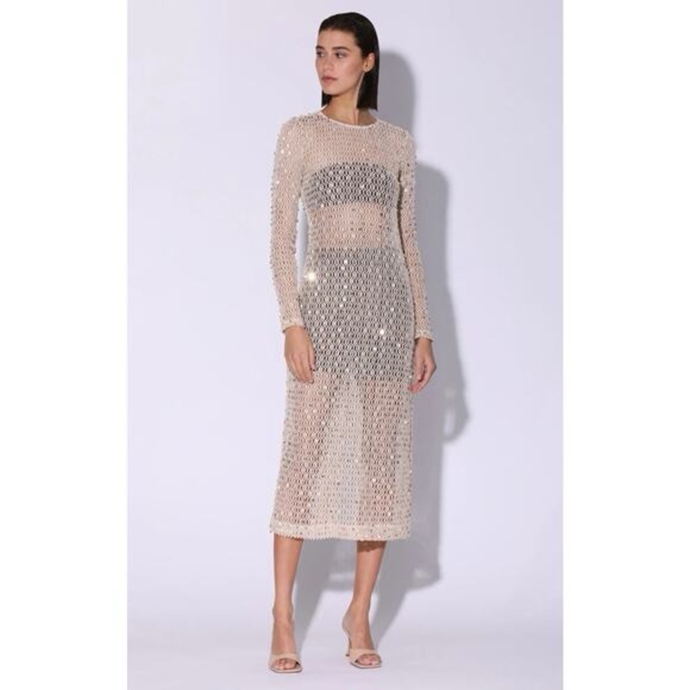 Walter Baker Coco Dress Natural Crochet Sequin Sheer Sheath Small $298 NWT